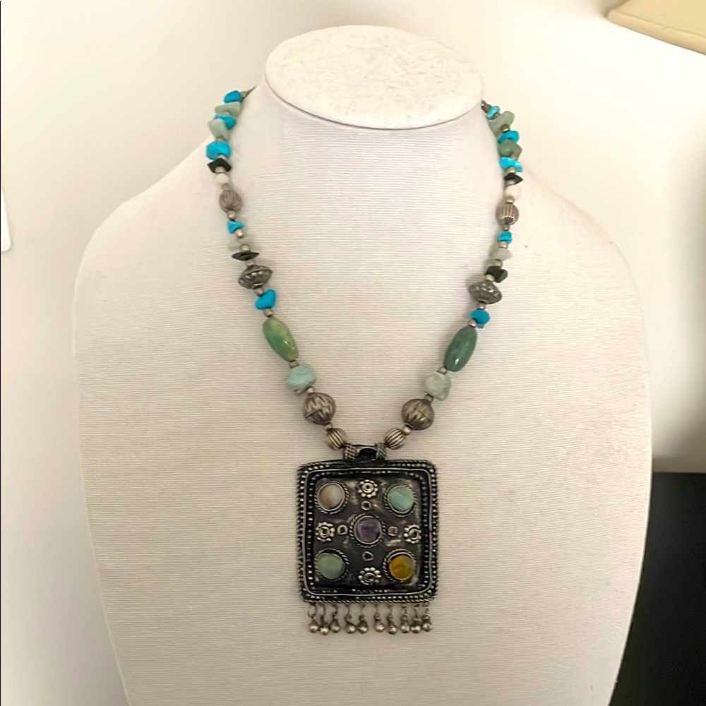 Vintage Oxidized Silver & Multicolor Beaded Necklace